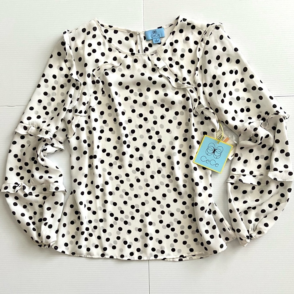 CeCe Ruffled White Top Black Polka Dots Sz Small NEW with tags